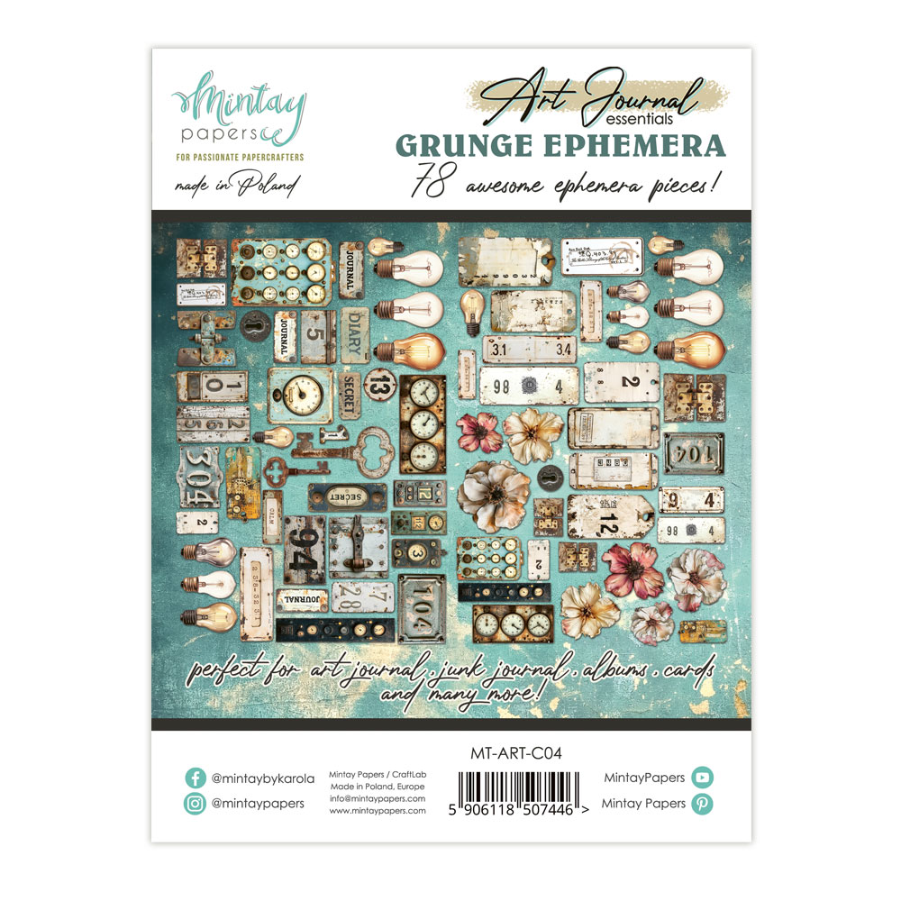 Pack de 78 elementos de papel precortados con texturas, marcas y detalles de estilo grunge para proyectos urbanos, envejecidos y de mixed media.