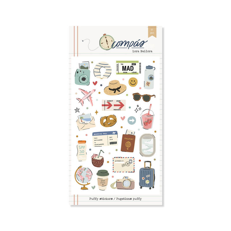 Puffys ilustraciones COMPÁS. Stickers acolchados de la colección Compás para decorar proyectos creativos.