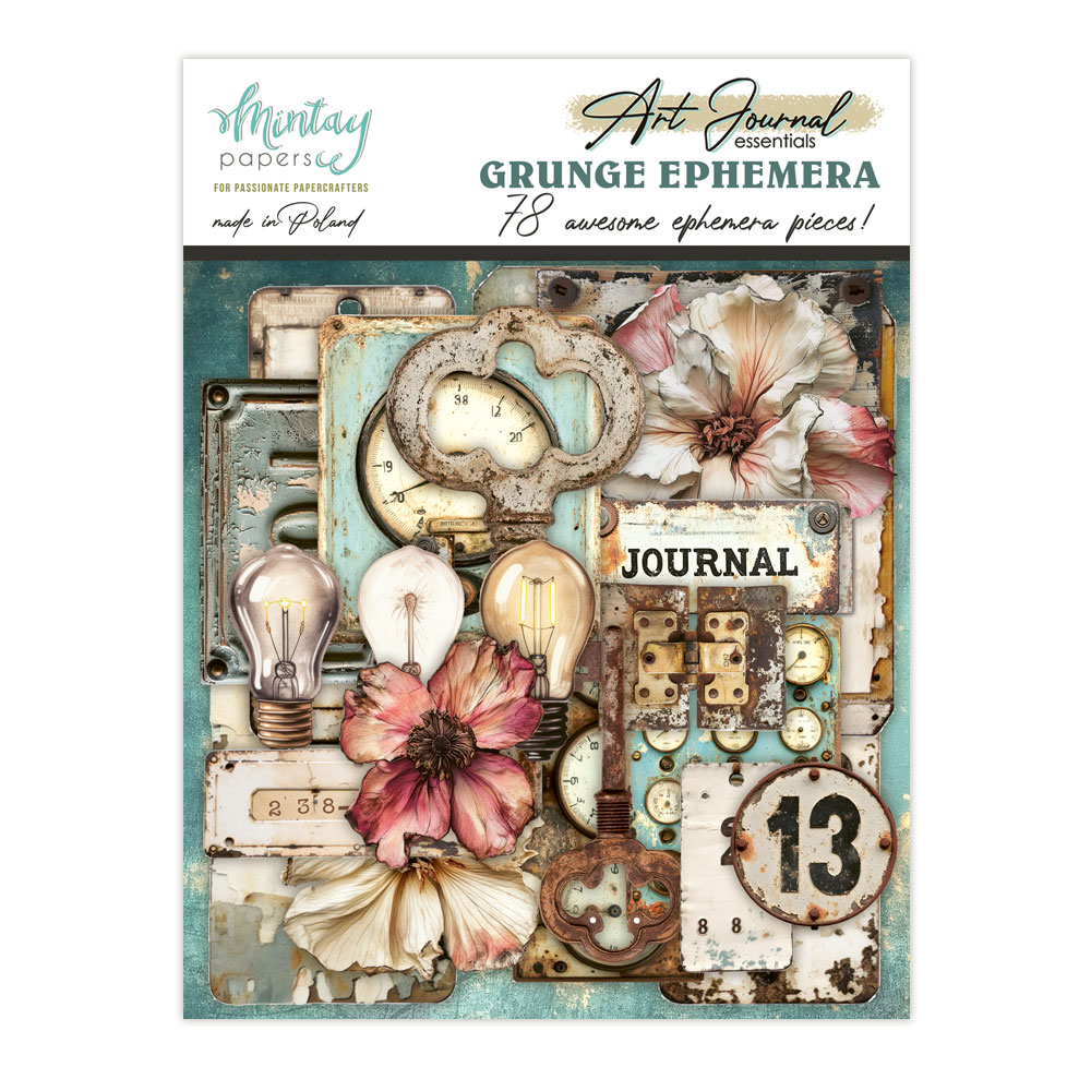 Pack de 78 elementos de papel precortados con texturas, marcas y detalles de estilo grunge para proyectos urbanos, envejecidos y de mixed media.